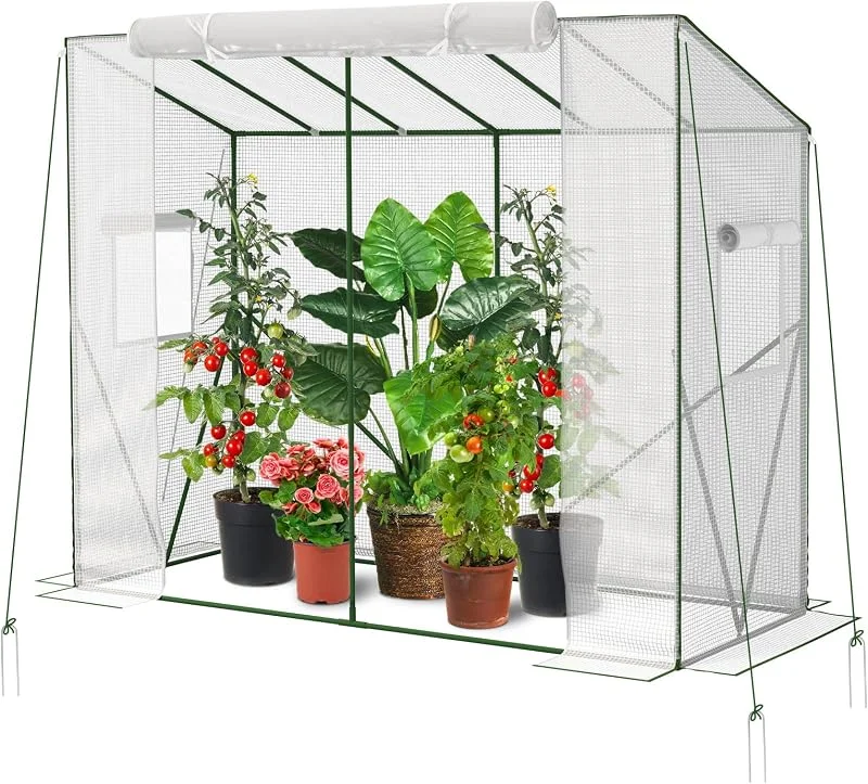 Velway Estufa de jardim, impermeável, 208 x 81 x 170, 141 cm, teto inclinado estufa exterior de PE com porta de rolo e janela para legumes, plantas, vasos e flores, branco translúcido — Aquecimento