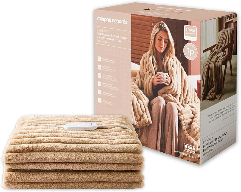 Morphy Richards EverCosy - Manta elétrica de forro polar às riscas, 160 x 130 cm, 9 configurações de calor, removível, forro polar de pelúcia e flanela, proteção contra sobreaquecimento, desligado