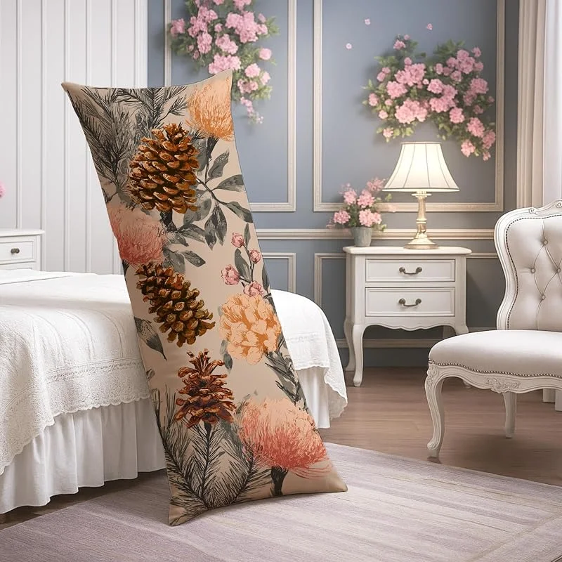 Fundas de almohada de cuerpo floral, piñas y flores, funda de almohada lumbar de poliéster suave botánico vintage con cremallera, funda de almohada de cuerpo largo decorativo para cama, sofá, cabecero — Aquecimento