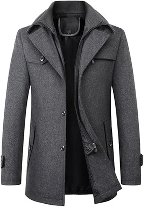 Casaco homem Winter Wool Coat Men casual Solid Color Wool Blends Woolen Pea Coat Male Trench Coat Overcoat (cor: Grijs, tamanho: XX-Large) — Roupa aquecida