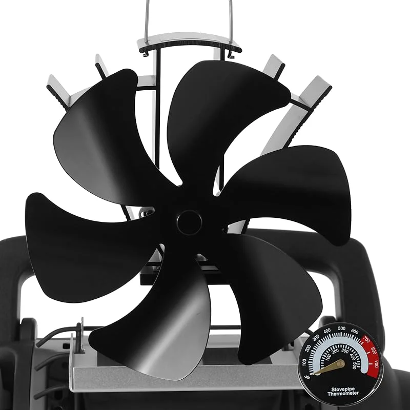 VODA Ventilador de fogão a lenha de 6 pás com suporte, especialmente para aquecedores, ventiladores de estufa com termómetro, ventilador térmico, sem ventilador elétrico para fogões de — Cozinha e lar