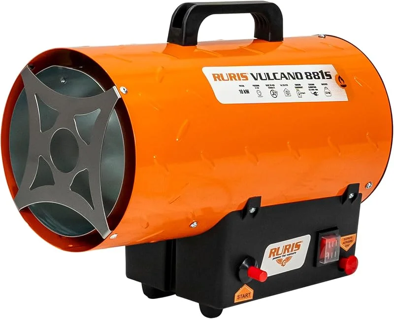 RURIS VULCANO 881S Aquecedor portátil a gás, 10 kW, 34 120 BTU, fluxo de 320 m³, h, ignição piezoelétrica, regulador e mangueira incluídos, aquecimento industrial propano GLP