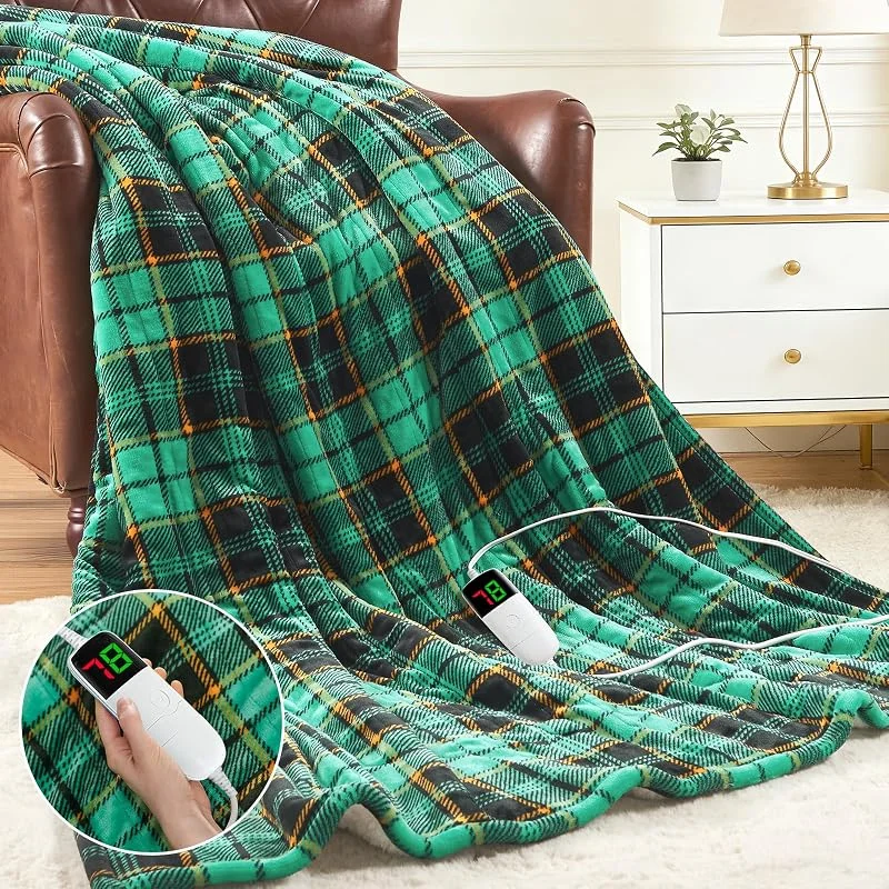 Manta térmica verde de 50 x 60 polegadas, manta térmica de Natal para sofá, manta de inverno Sherpa quadriculada, 10 níveis de aquecimento e desligamento automático de 8 horas, presentes de