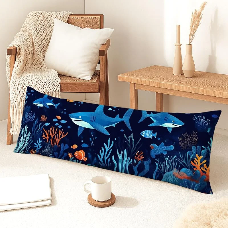Ocean Life - Fundas de almohada corporal, diseño de tiburones azules, funda de almohada lumbar de terciopelo suave con cremallera, funda de almohada larga decorativa para cama, sofá y cabecera, 20 x — Aquecimento