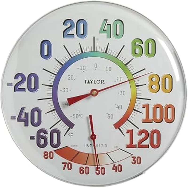 Taylor Termómetro e higrómetro de parede de metal para interiores e exteriores, números fáceis de ler para pátio, piscina e áreas interiores, 12 polegadas, multicolor — Humidificador