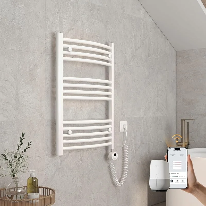 EMKE Radiador de baño eléctrico Curvado, 750 x 600 mm, con WiFi, radiador eléctrico, Calentador de Toallas eléctrico, Toalla, radiador de baño con termostato y Barra de calefacción, 300 W, Color — Aquecimento