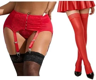 comeondear Medias Mujer Sexy Cuero PU Rojo, 3XL-5XL y Ligueros Sexy para Mujer con 6 Clips de Cintura Alta Rojo, 3XL-4XL — Roupa aquecida
