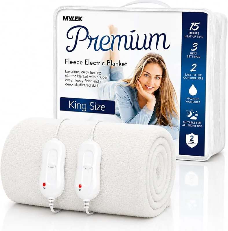 MYLEK Cobertor elétrico de forro polar para cama tamanho king, capa de colchão aquecido, controlo duplo, saia elástica, tamanho 190 x 152 x 40 cm, proteção contra sobreaquecimento, lavável a
