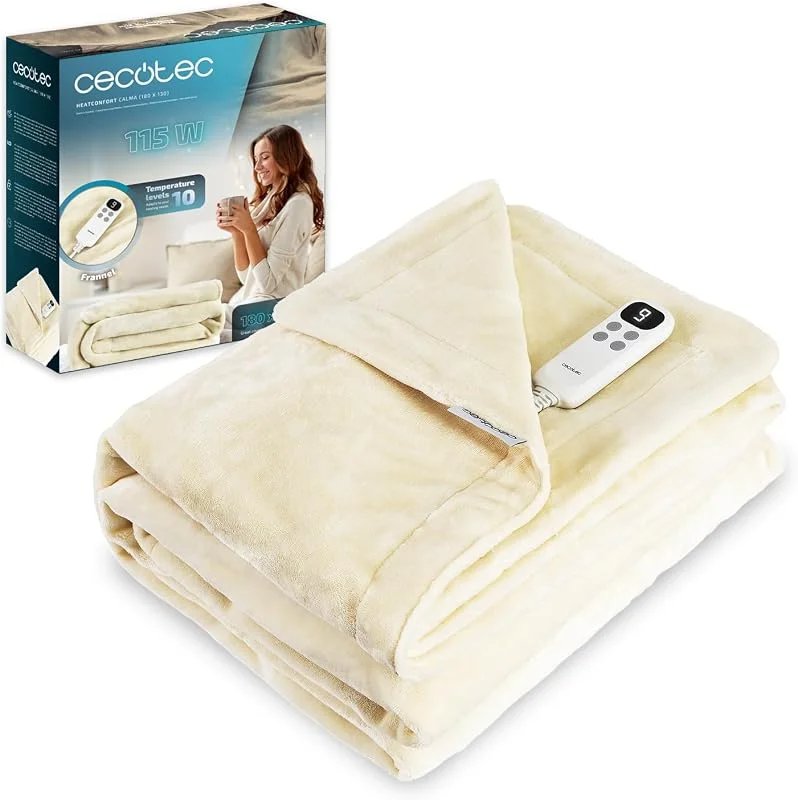 Cecotec Manta elétrica 180 x 130 cm HeatConfort Calma (180 x 130), 115 W, 10 níveis de temperatura ajustáveis, controlador LCD removível, temporizador com desligamento automático, PTC tecnologia NTC — Aquecimento