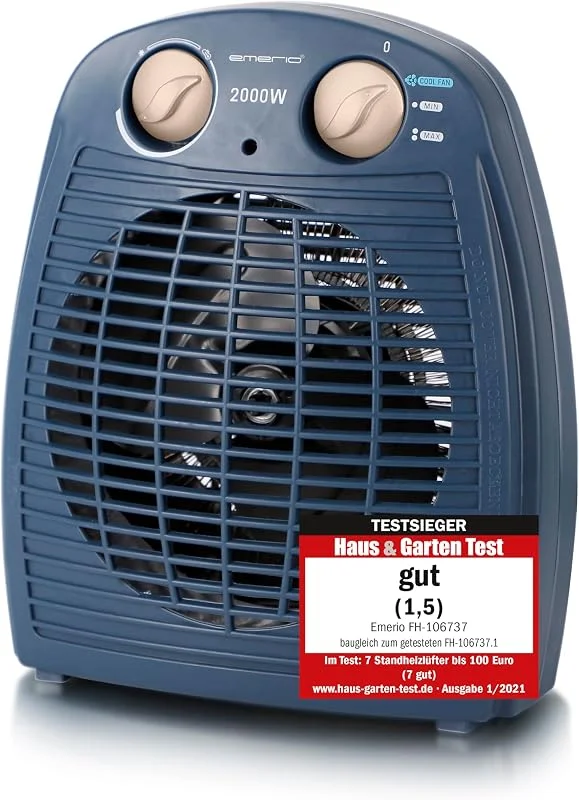 EMERIO Aquecedor de ventilador de 2000 W, portátil compacto leve pequeno, para aprox. 25 m², 2 capacidades de aquecimento função de ventilador, termostato ajustável, interruptor de