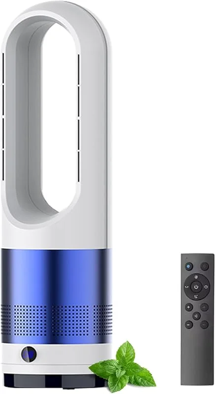 Ventilador de torre sem copo quente e frio de 18 polegadas com controlo remoto: oscilação de 8 80 °, temporizador de 8 h, ecrã LED, circulador de ar e purificador para casa, quarto azul — Aquecimento