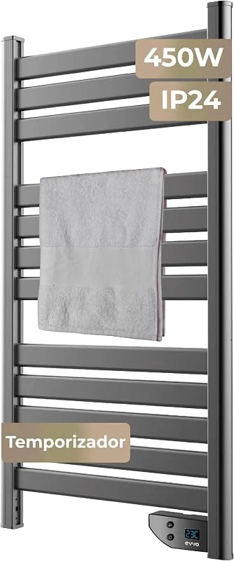 EVVO Toalheiro elétrico C500, aço, 450 W, até 8 m2, baixo consumo, silencioso, segurança sobreaquecimento, inclui kit de instalação, anti-picadas, temporizador de 2 horas (aço)