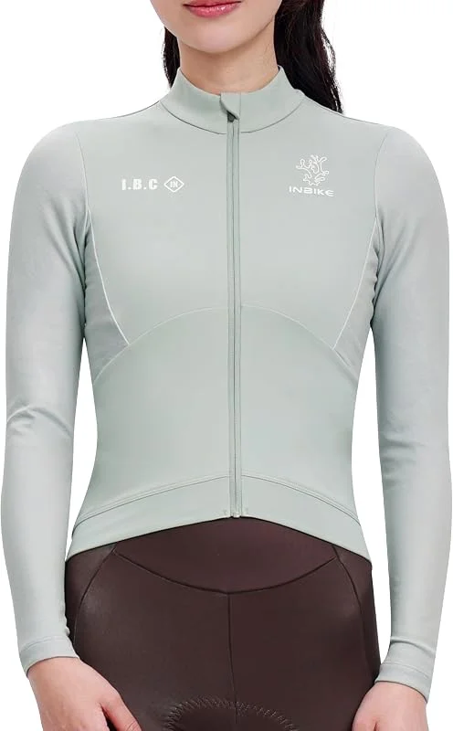 INBIKE Camisola de manga comprida inverno para mulher com forro polar respirável logótipo refletor vários bolsos camisola MTB térmico — Roupa aquecida