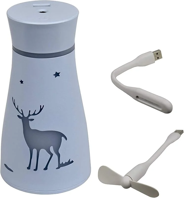 XMING Humidificador silencioso con Mini luz Nocturna y Mini Ventilador 200 ml, 7oz Humidificador de Niebla fría Adecuado for Oficina en casa Bebé (Rosa) (Color : Light Blue)