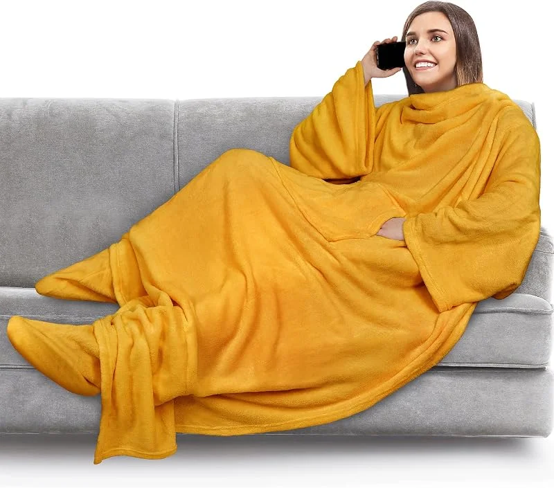 PAVILIA Manta de forro polar com mangas, bolsos para os pés para mulheres, homens e adultos, manta de pelúcia para usar, manta quente e aconchegante presente — Aquecimento