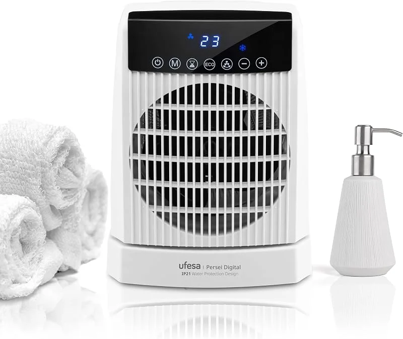 Ufesa Persei Calefactor Digital 2000W con Protección IP21, 3 Niveles de Potencia Calor, Frío, Base Oscilante, Pantalla LED, Termostato Regulable, Temporizador 24h y Protección de Sobrecalentamiento — Aquecimento