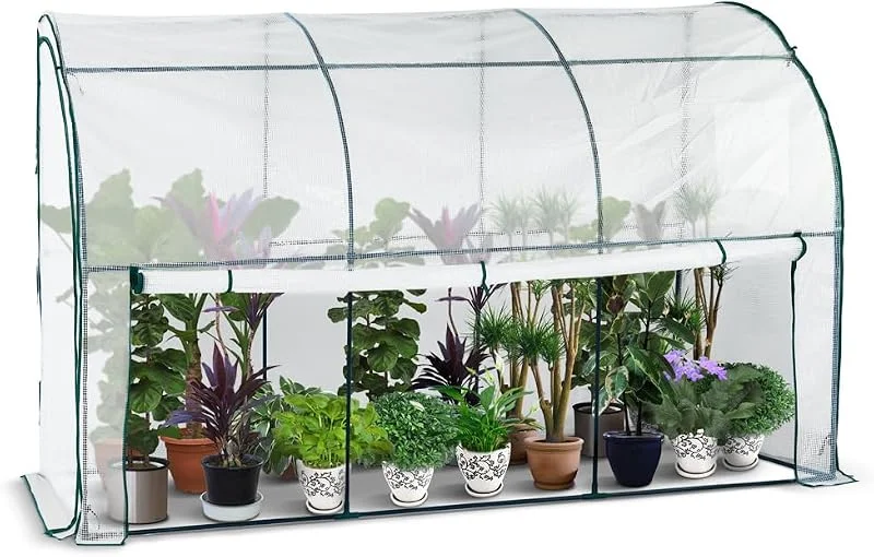 VOUNOT® Estufa de Jardim Inclinada Estufa de Parede Apoiada, Estufa Túnel Semicircular Plantas Vegetais Flores, Cobertura PE Impermeável 135g, m² para Varanda e Terraço 300x100x180cm Branco — Aquecimento
