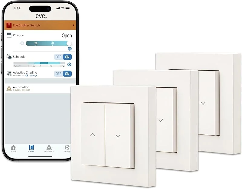 Eve Shutter Switch (Matter) Pacote de 3 – Controlador inteligente de persiana, para Alexa, Apple Home, Google, SmartThings, Home Assistant, requer router de borda Thread e cabo neutro — Aquecimento
