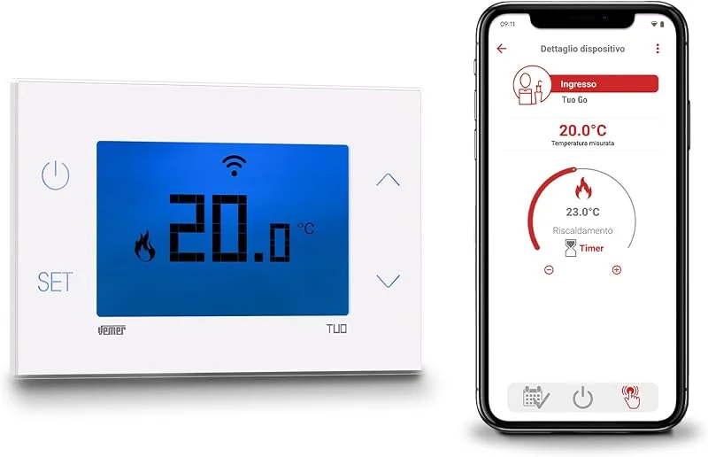 VEMER VE801100 TUO GO WI-FI Termostato de aquecimento Wi-Fi de parede, controlo inteligente com aplicação, configuração inicial por Bluetooth, programação semanal para caldeira, alimentação 230 V