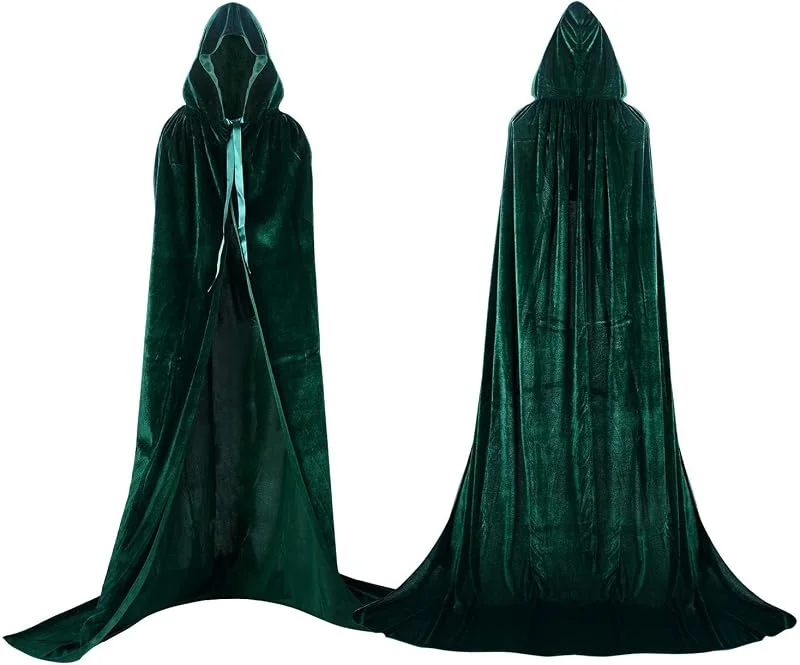 Proumhang Capa Longa com Capuz de Veludo, Disfarce de Halloween para Mulheres e Homens, Carnaval, Natal, Festas, Verde — Roupa aquecida