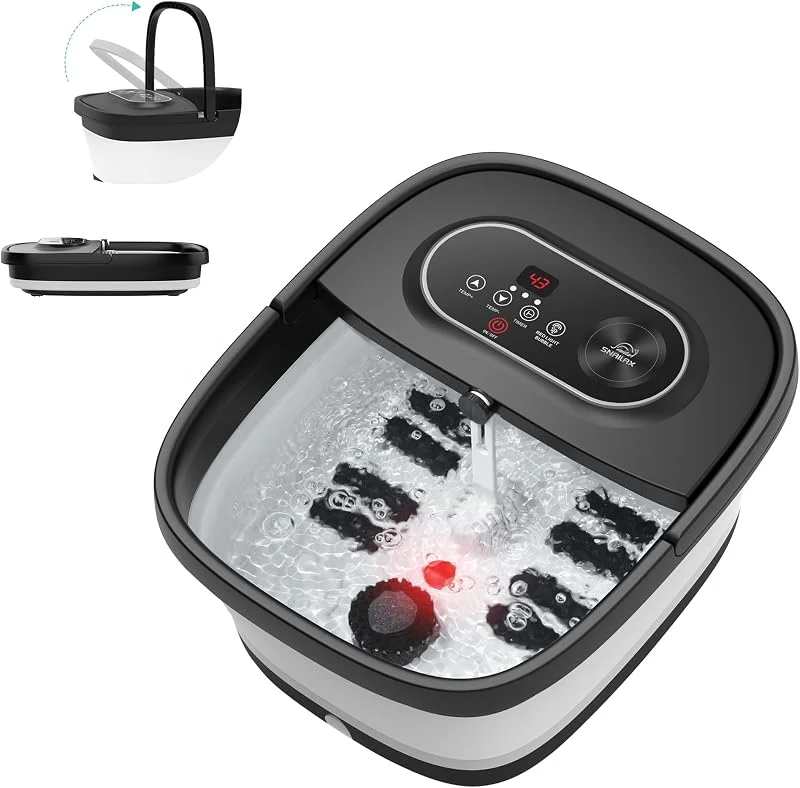 Snailax Banho de pés dobrável com massagem e aquecimento, banho de bolhas com rodas Shiatsu, 14 níveis de calor, bolhas, luz vermelha, temporizador, banheira elétrica 35 °C - 48 °C, massajador de pés