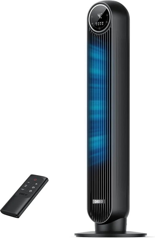 Dreo 20 dB Ventoinha de pé silenciosa, ventiladores de torre com velocidade de 7, 6 m, s, 4 velocidades, rotação de 90 °, temporizador de 8 horas, ecrã LED e controlo remoto incluído. Preto — Aquecimento