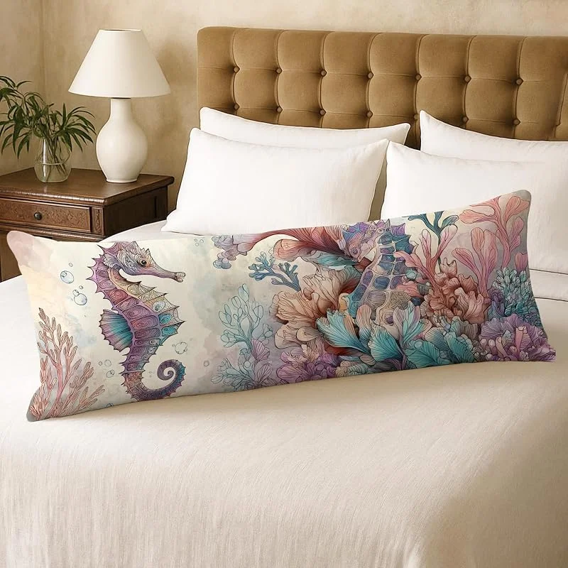 Fundas de almohada corporales de caballitos de mar, funda de almohada lumbar larga de terciopelo suave con cremallera, patrón de coral colorido decorativo para dormitorio, sofá, cabecera, 20 x 54 — Aquecimento