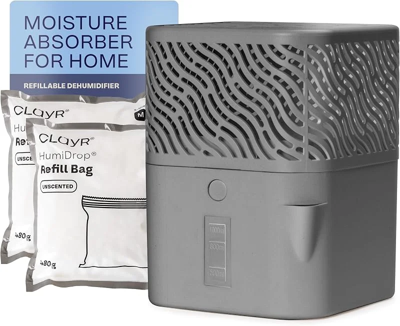 Clayr HumiDrop - Deshumidificador recargable de 1000 ml con 2 recambios de 480 g, absorbentes de humedad no eléctricos para baño, hogar, caravana, evita la humedad, el moho, el olor a humedad, la