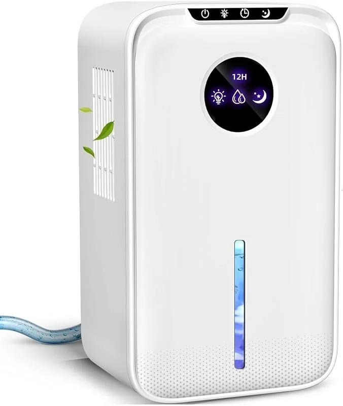 Desumidificador pequeno (88 onças) para casa, com temporizador de mangueira de drenagem (8-12-24 horas), ultrassilencioso, com modo de suspensão, desligamento automático, para quarto, casa de banho — Humidificador