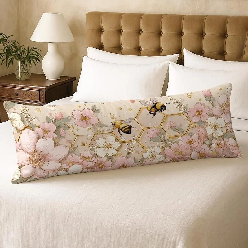 Fundas de almohada de cuerpo floral, abejas y flores de melocotón, funda de almohada lumbar de terciopelo suave con cremallera, funda de almohada de cuerpo largo de 20 x 54 pulgadas, funda de almohada — Aquecimento