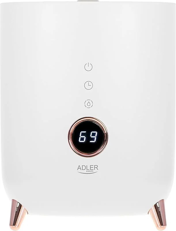 ADLER EUROPE AD 7972 Humidificador ultrassónico, ecrã LED com botões táteis, faixa de funcionamento de até 35 m², capacidade de humidificação 150-300 ml, h, função de aromaterapia