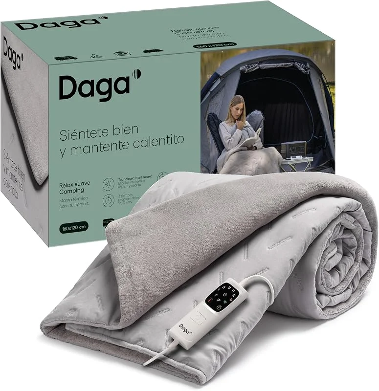 Daga CaldoPlaid adequado para campismo, manta elétrica ideal para auto-caravana, caravana, tenda de campanha, 160 x 120 cm, baixo consumo, tecnologia adaptável, seguro, aquecimento rápido, 6