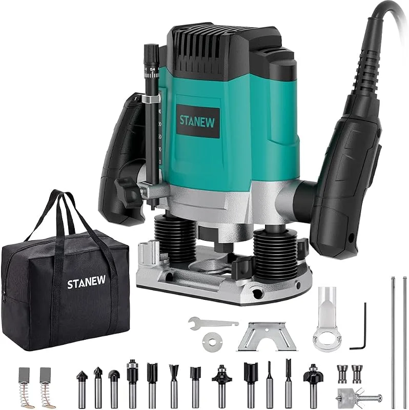Stanew, Fresadora Elétrica para Madeira, 1200 W, 16000-30000 RPM, Rebarbadora Elétrica Profissional com Jogo de 12 Fresas, 6 Velocidades, Ajuste da Profundidade de Fresagem. — Aquecimento