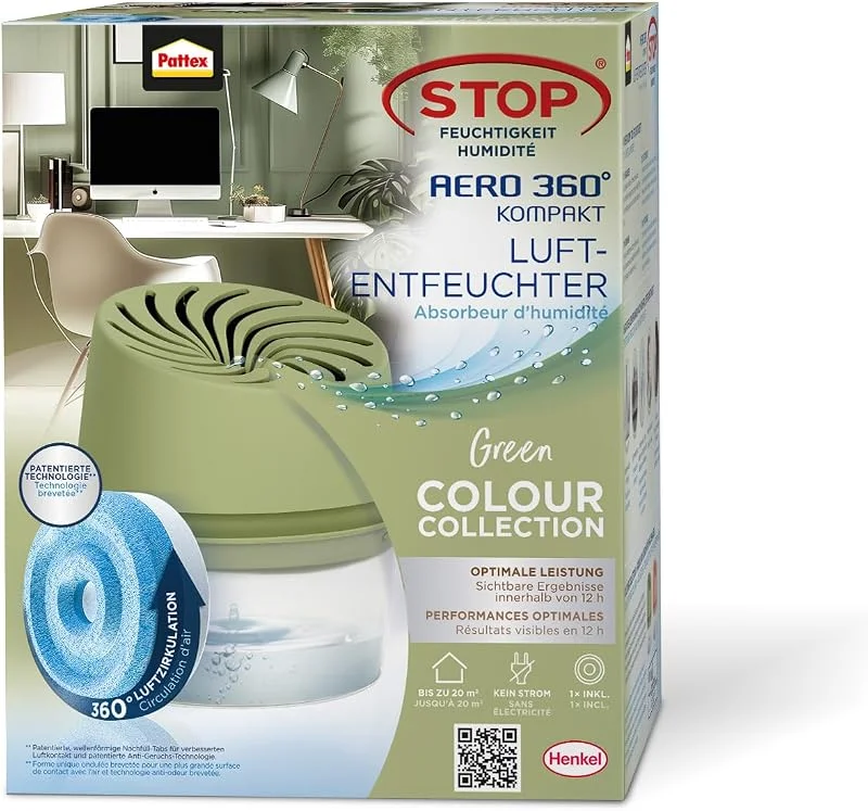 Pattex AERO 360° Deshumidificador compacto coleção cor verde, 1 dispositivo incl. 1 pastilha de recarga, ambiente para uma circulação eficaz do ar, ambiente reduz a humidade do ar