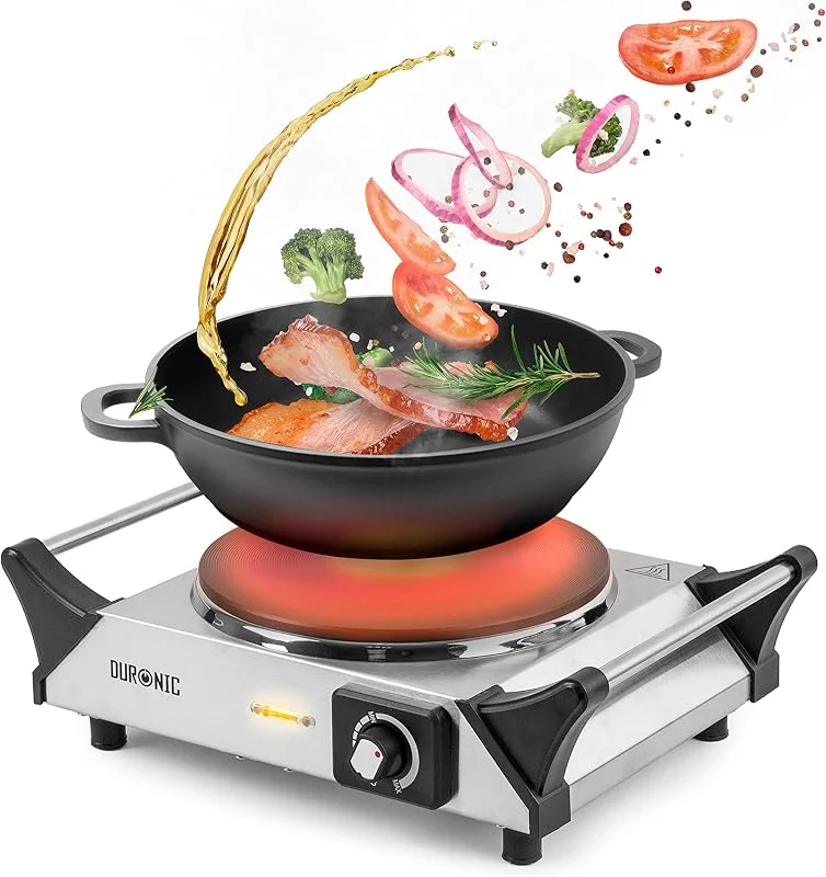 Duronic HP1 SS Fogão Elétrico Portátil 1500W diâmetro 187mm e Termostato Regulável, Placa de Cozinha Elétrica de Aço Inoxidável com Pegas Aquecedor de Pratos, Ideal para campismo — Cozinha e lar