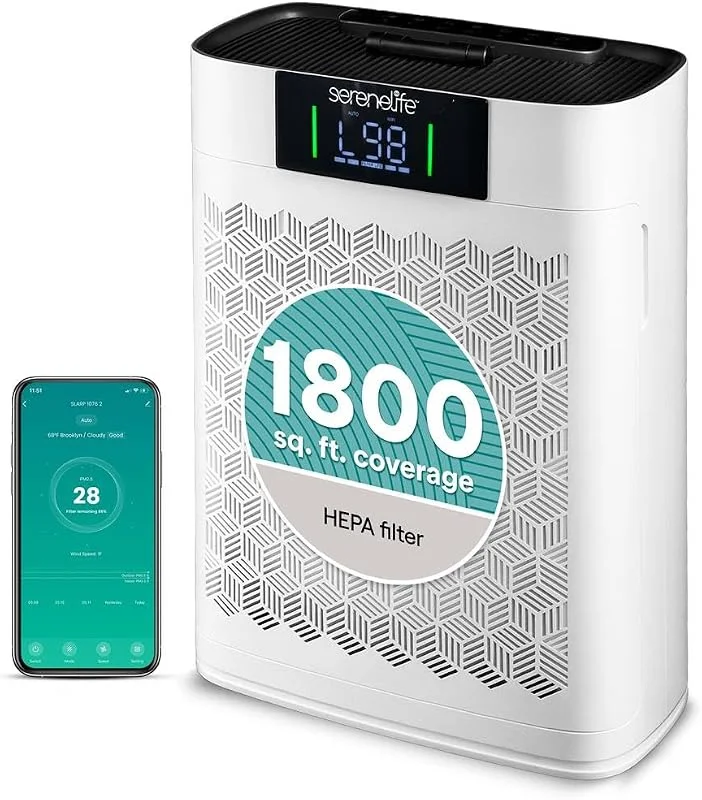 SereneLife Purificador de ar doméstico, purificador de ar inteligente com modos de suspensão e automático, Wi-Fi e controlo de aplicação, ultra silencioso, elimina poeira, cabelo — Humidificador