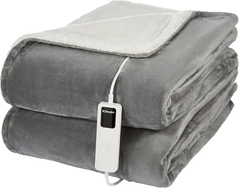 Dimplex DXHTGW - Manta térmica Sherpa lavável super aconchegante com aquecimento rápido, desligamento automático, 9 configurações de calor, temporizador de 9 horas, extra suave, cinzento e branco