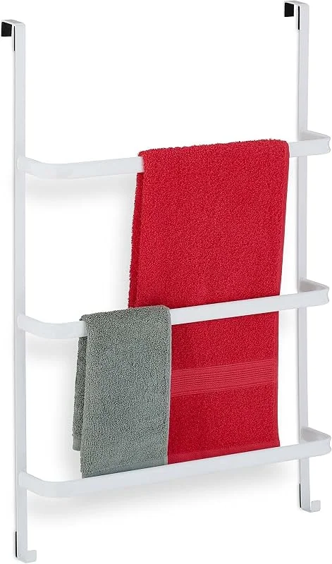 Relaxdays Toalheiro para porta sem perfuração, 85 x 54, 5 x 15 cm, 3 barras, 2 ganchos, cabide de toalhas, aço, branco — Aquecimento