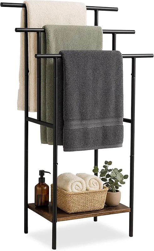 Relaxdays Toalheiro de pé, com prateleira, 3 bares, HBT: 100 x 68 x 30 cm, industrial, castanho, preto — Aquecimento