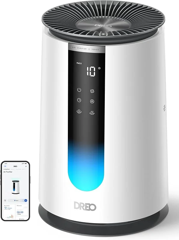 DREO Purificador de ar 338S para quartos, CADR de 195 m³, h, filtro HEPA 3 em 1, 4 modos, 4 velocidades, AQI, sensor PM2.5, modo automático, almofada aromática, Wi-Fi, Alexa e controlo de voz — Humidificador