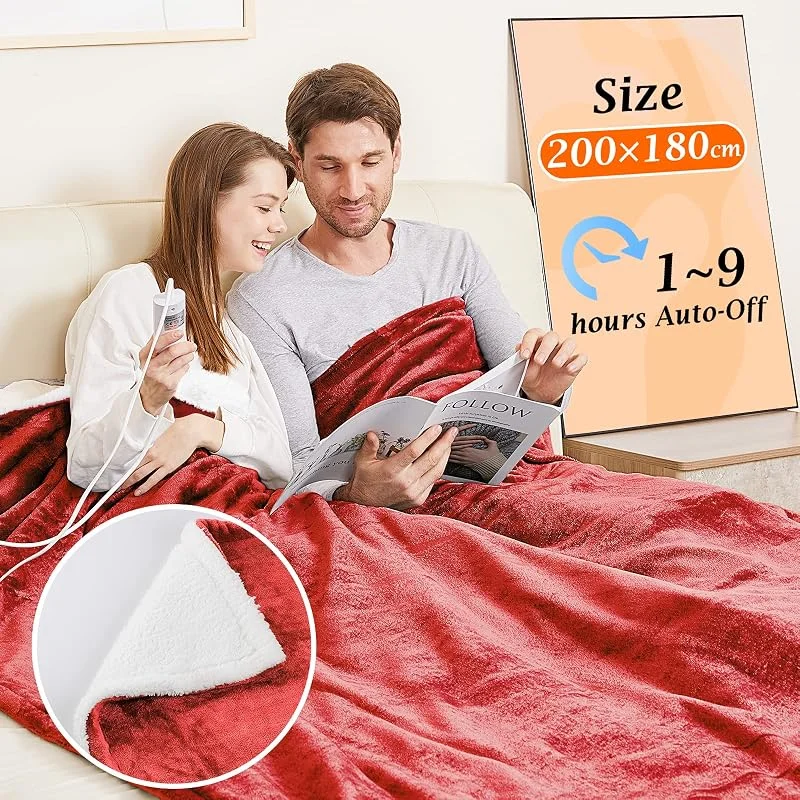 MIA&Coco Manta térmica elétrica de flanela Sherpa de aquecimento rápido de 200 x 180 cm, 10 níveis de calor, temporizador de desligamento automático de até 9 horas e ecrã LED, vermelho
