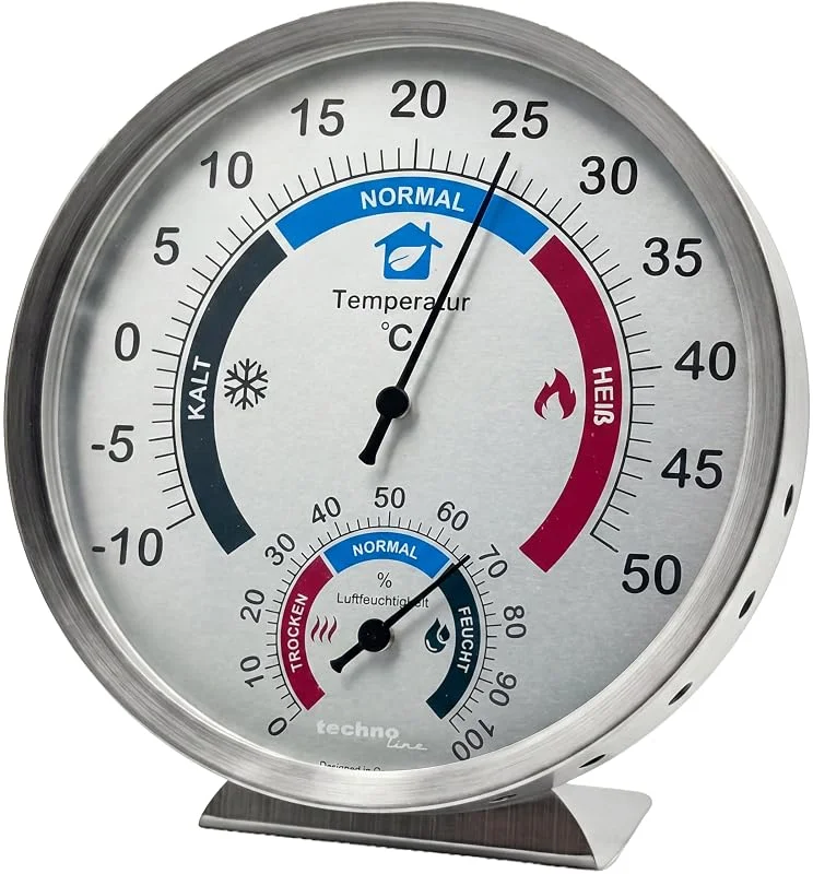Techno Line WA3045 Termómetro e higrómetro analógico para temperatura e humidade, sem pilhas, indicador de zonas de conforto, montagem na parede e suporte, carcaça de metal — Humidificador