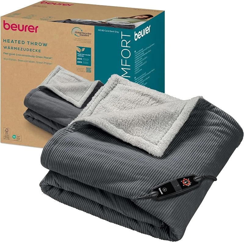 Beurer Manta elétrica HD 80, de tecido de veludo macio, 6 níveis de temperatura, mecanismo de desconexão automática e sistema de segurança, lavável à máquina, 180 x 130 cm, cinza — Aquecimento