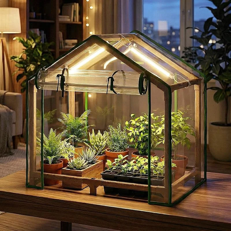 Bamworld Mini estufa de secretária para interiores com luzes de crescimento, pequena loja de cultivo reutilizável, portátil, casa quente com cobertura de polietileno, janela de ventilação para — Aquecimento