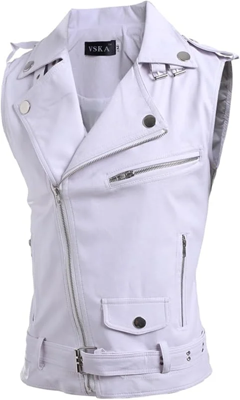 Generisch Chaleco de cuero para hombre, versión coreana, corte ajustado, cremallera múltiple, abrigo corto de cuero — Roupa aquecida