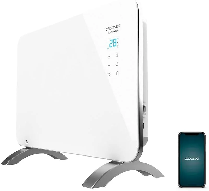 Cecotec Radiador elétrico de baixo consumo Ready Warm 6650 Crystal Connection. Wi-Fi, 1000 W, termostato regulável, temporizador, suporte de pé, proteção sobreaquecimento, branco