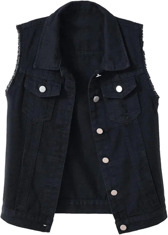 Generisch Chaleco vaquero sin mangas para mujer, color sólido, con bordes desgastados, colección de primavera, efecto adelgazante, ropa casual — Roupa aquecida