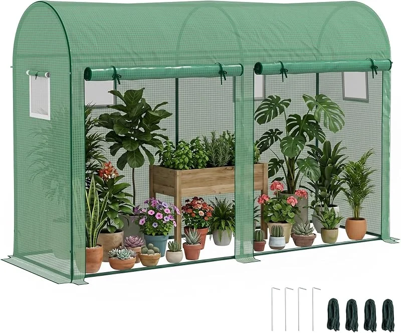 Outsunny Estufa de exterior, 300 x 100 x 200 cm, estufa de jardim, estufa, 4 janelas, 2 portas, cobertura de PE, 140 g, eifo e estrutura de aço para plantas e flores verde — Aquecimento
