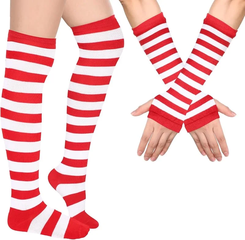 Geyoga Aquecedores de braços, aquecedores de pernas, meias altas às riscas, luvas sem dedos, meias de Natal, Halloween — Roupa aquecida