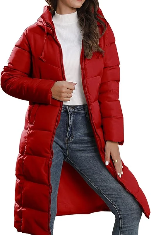 Abrigo Largo Acolchado para Mujer, Chaqueta Larga Invierno, Abrigos Acolchados con Bolsillo, Chaqueta Deportiva Gruesa plumón, Abrigos Acolchados Talla Grande, Abrigos plumón (Rojo M) — Roupa aquecida